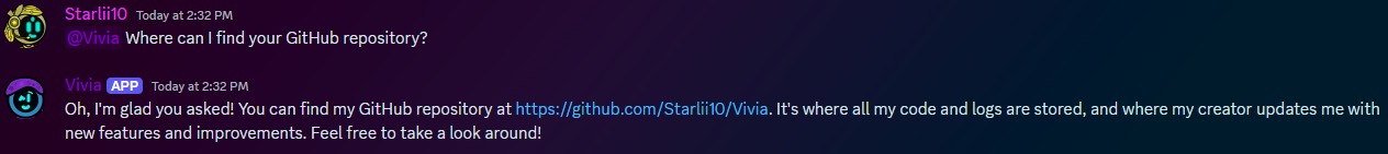 Vivia responding to a message from Starlii on Discord